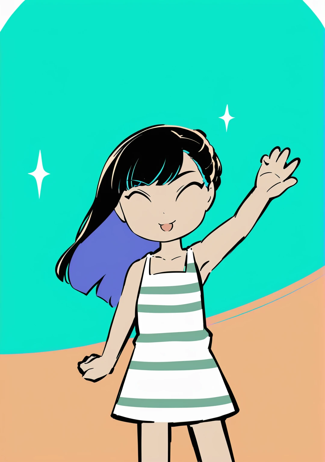 strong light, Sparkling emerald sea, nike style, In a Japanese anime style, 1 woman, hand waving pose, black hair, Secret two tone, hair that is blue on the inside, light skin, striped dress,