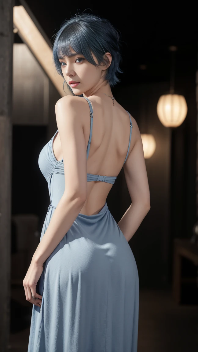 8K, Top Quality, Intricate Details, Ultra Detail, Ultra High Resolution, Masterpiece, close up shot, shot from behind, (Looking back), (full body: 1.1), Slender, Smile, (Makeup: 0.4), ,(( blue eyes, blue hair, bangs, very short hair , random short hairstyle)), (Fluffy Eyes: 1.21), (()), 1girl, solo, 1 girl, (()), close up shot, , ((tall)), (((fit body))), (((slim face))), sharp face, ((walking pose)) ,(detailed face), sharp face, small lips, , ,(( ass up, butt cheek,)) ,, ,
((, )), , ((maxi dress)), detailed face, detailed breast, large breast, huge breast, detailed ass , detail nipples ,, Narrow Waist, Skinny, tall , 190 cm tall, Muscular, Navel, Exposed Abdomen, Pointed Chest,, Beautiful girl with accentuated slender abs: 1.4, Six Pack Abs: 1.4, , Perfect Body, detail legs, (( dark background)), black background,