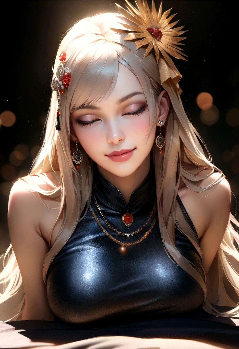 最high quality, masterpiece, High resolution, One girl, transparent silk china dress, Beautiful Face, hair ornaments, View your viewers, smile, Mouth closed,lips, dress,hair ornaments, necklace, jewelry, Long Hair, Earrings, Beautiful Face,On top of that_body, Tyndall effect,Realistic, Dark studio, Rim Light, Two-tone lighting,(Skin with attention to detail:1.2), 8K Ultra HD, Digital SLR, Soft lighting, high quality, Volumetric lighting, Frank, photograph, High resolution, 4K, 8K, Bokeh