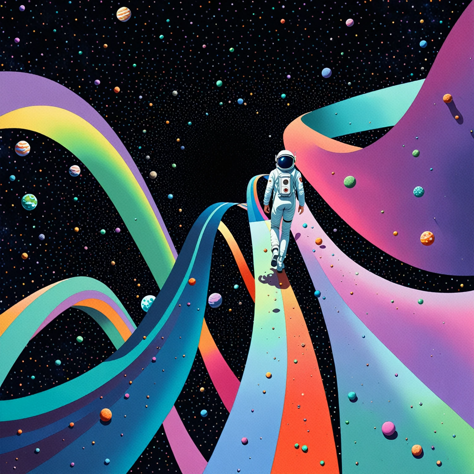 illustration of a man walking on a path in the middle of a space, liminal space in outer space, 3d grainy aesthetic illustration, surreal space, of space travel, looking out into space, colorful flat surreal ethereal, standing in outer space, jen bartel, surreal illustration, sci-fi illustration, sci - fi illustration, surreal flat colors