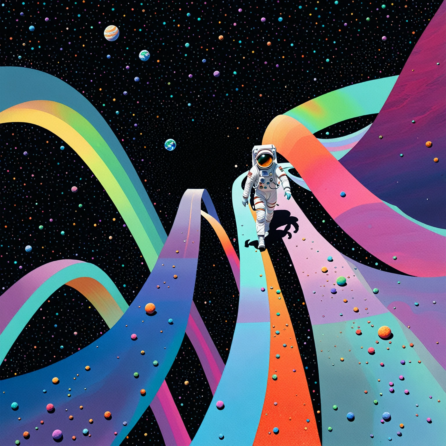 illustration of a man walking on a path in the middle of a space, liminal space in outer space, 3d grainy aesthetic illustration, surreal space, of space travel, looking out into space, colorful flat surreal ethereal, standing in outer space, jen bartel, surreal illustration, sci-fi illustration, sci - fi illustration, surreal flat colors