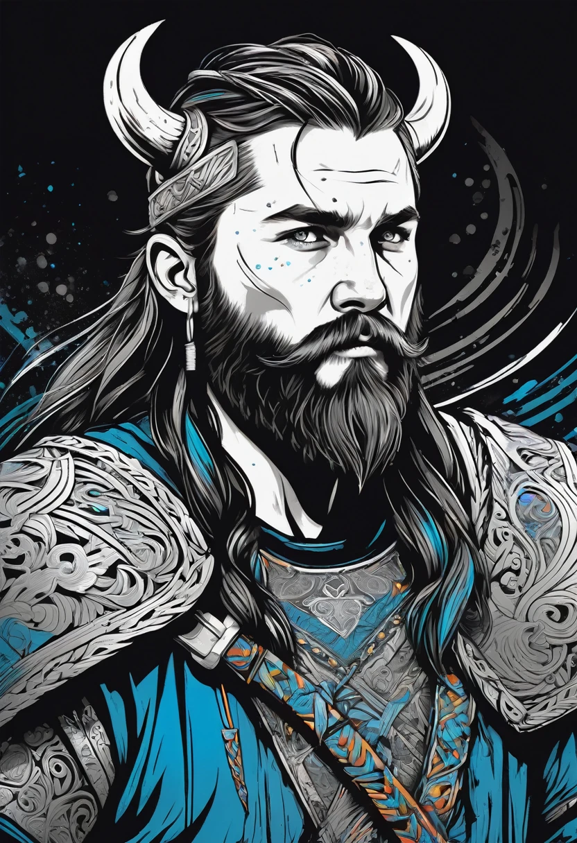 Create a dynamic comic-style portrait of a viking warrior with a rugged beard and long hair, set against a backdrop of swirling ravens and intricate skulls. Embrace a bold black and white sketch style for the warrior and surroundings, while infusing vibrant digital synthwave colors sparingly to emphasize key elements and add a modern twist. Use negative space thoughtfully to enhance contrast and draw attention to both the monochrome details and the vivid color accents. Inspired by the styles of artists like Dan Mumford, Carne Griffiths, and Junko Mizuno, blend traditional Viking aesthetics with futuristic, energetic color schemes to create a standout design for a t-shirt