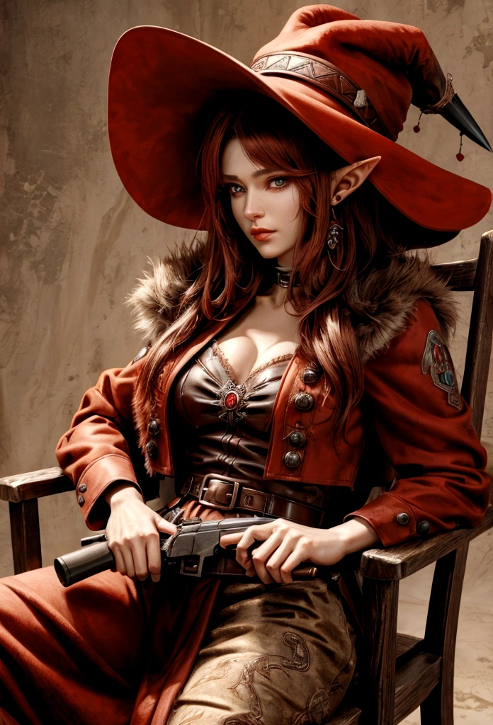 cowboy woman sitting on a chair with a red fur cowboy hat with elf-type ears, realistic anime style, with a cowboy gun in her hands