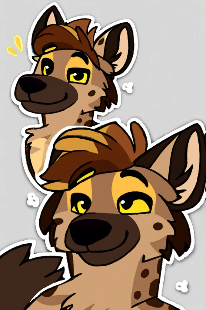 simple sticker art of a happy hyena. yellow sclera, brown hair on head