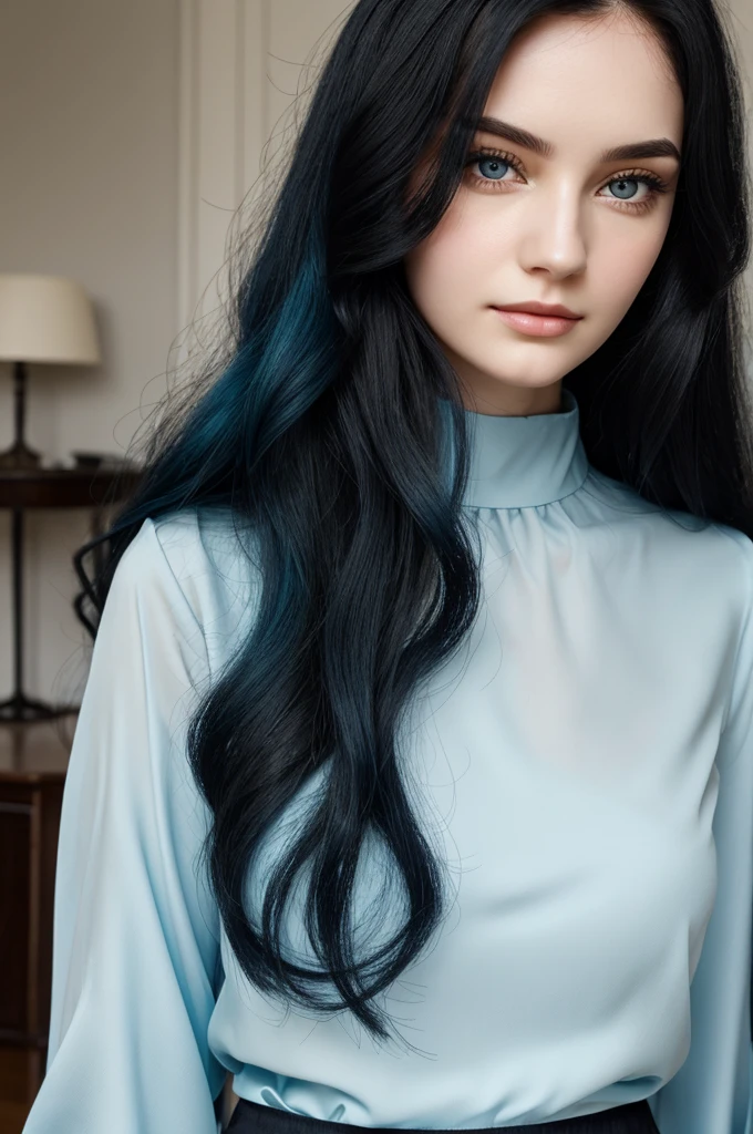 Woman with long wavy blue-black hair,honey green eyes,pale skin, dark blue high neck blouse,oval face shape