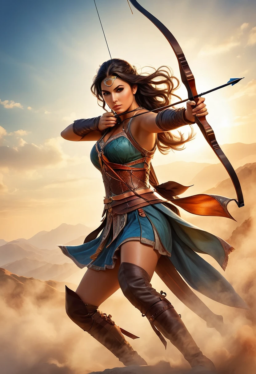 a watercolor illustration of a female archer, silhouette artwork, as the sun rises, fantasy art, ), sunrising behind the archer, ready to act,  ultra feminine, with a long curvy hair, dynamic bow sting drawn to the cheek , arrow ready to be shot, arrow tip glimmers, sunrays, divine rays, high details, best quality, 16k, [ultra detailed], masterpiece, best quality, (extremely detailed), dynamic angle, Aiming a Bow, bow (weapon)