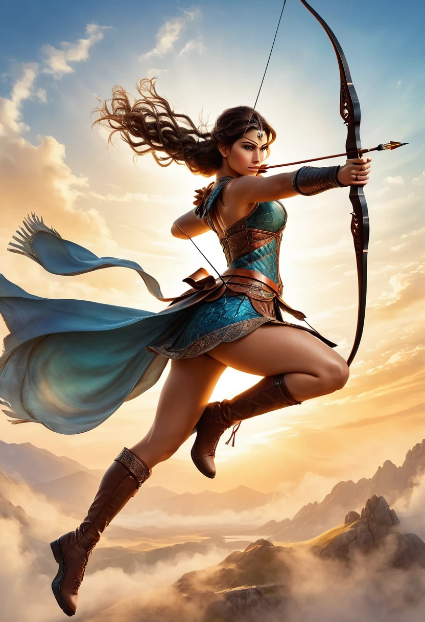 a watercolor illustration of a female archer, silhouette artwork, as the sun rises, fantasy art, ), sunrising behind the archer, ready to act,  ultra feminine, with a long curvy hair, dynamic bow sting drawn to the cheek , arrow ready to be shot, arrow tip glimmers, sunrays, divine rays, high details, best quality, 16k, [ultra detailed], masterpiece, best quality, (extremely detailed), dynamic angle, Aiming a Bow, bow (weapon)