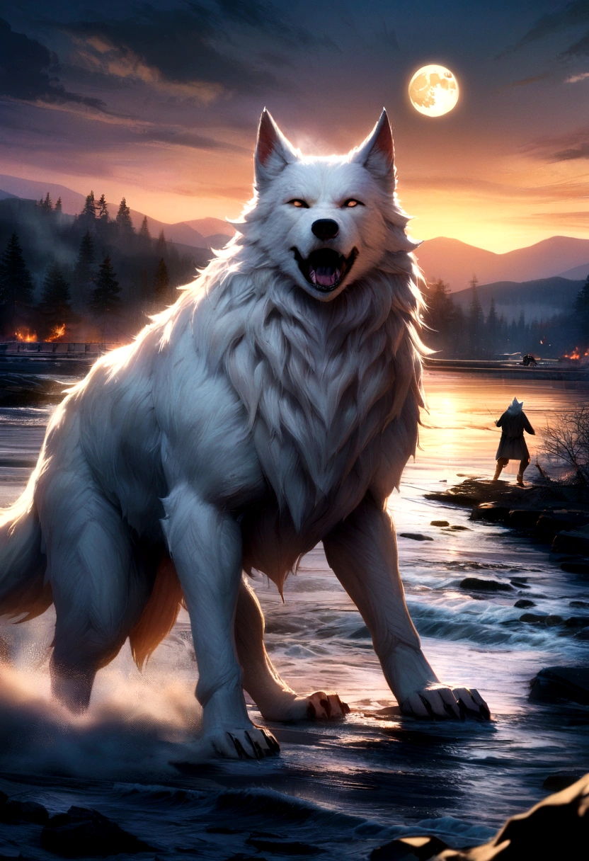 Wolf God,  tense, cold, Very detailed, sharp, Professional, 8K Ultra HD, movie, dark, violent, Outdoor, river, Fight, Tracking, dramatic, Vivid, tense atmosphere, rendering, amazing, Twilight, High resolution, Giant White Wolf、Moon background、Realistic、Real、pure white wolf