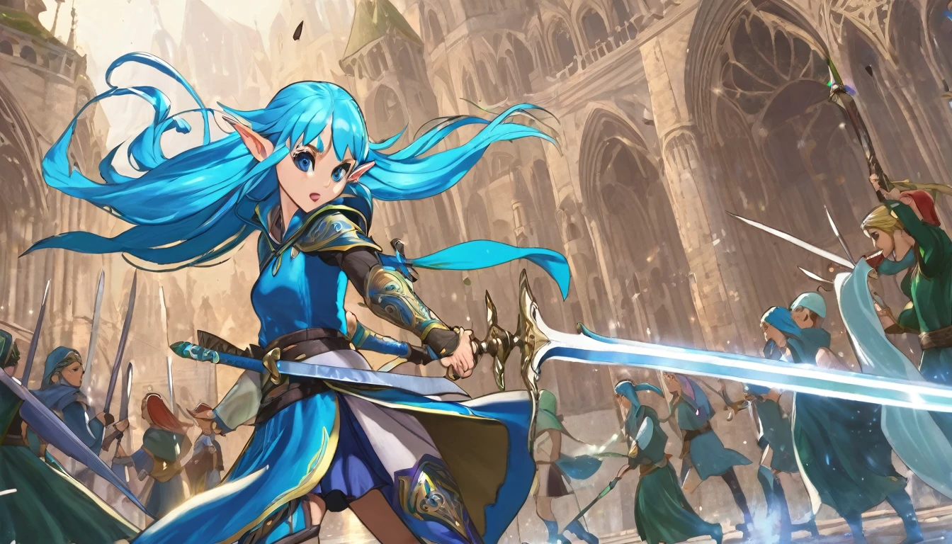 Elf girl attacking with a large sword,Blue Hair,Different world