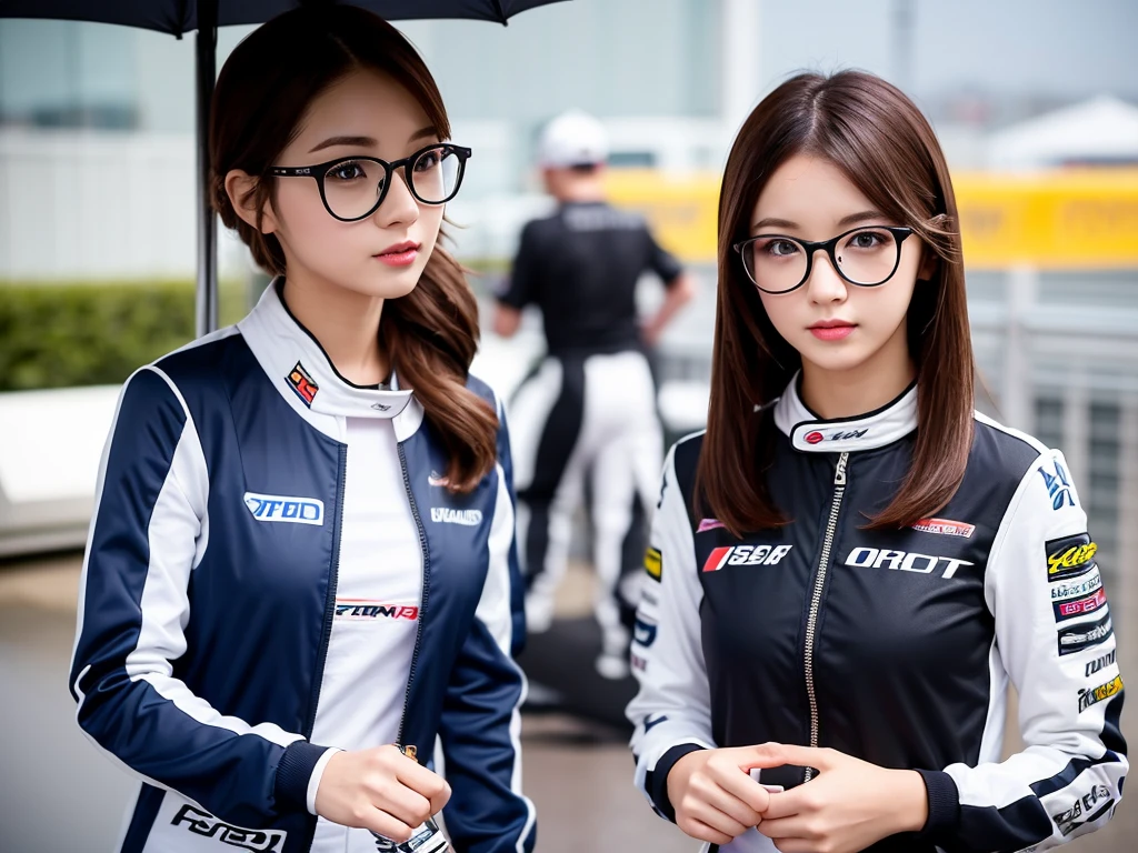 girl 23-year-old Hairstyle Casual, F with glasses wearing racing suit on race track at evening and rainy