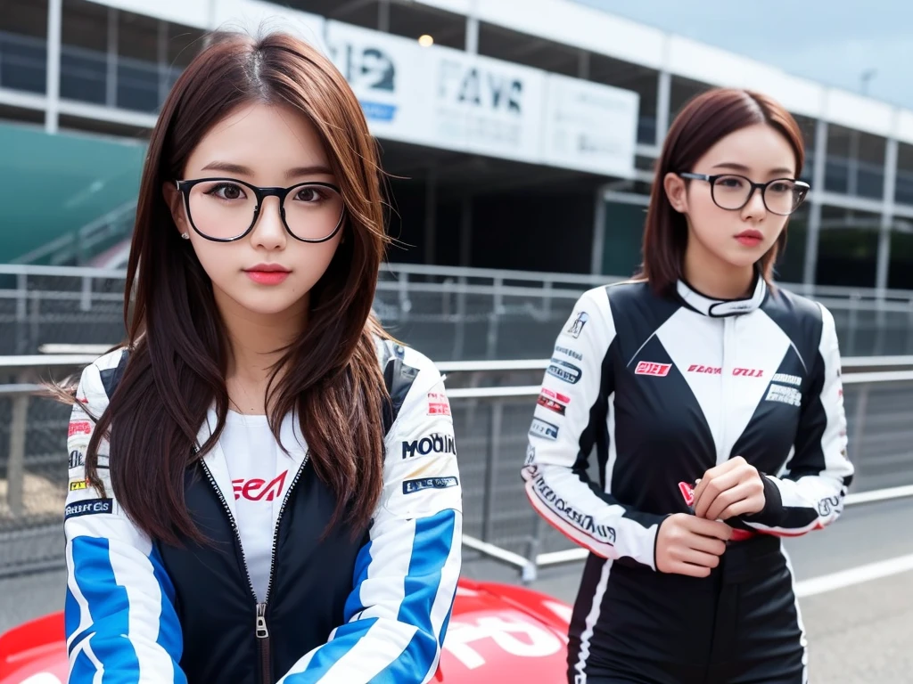 girl 23-year-old Hairstyle Casual, F with glasses wearing racing suit on race track at evening and rainy