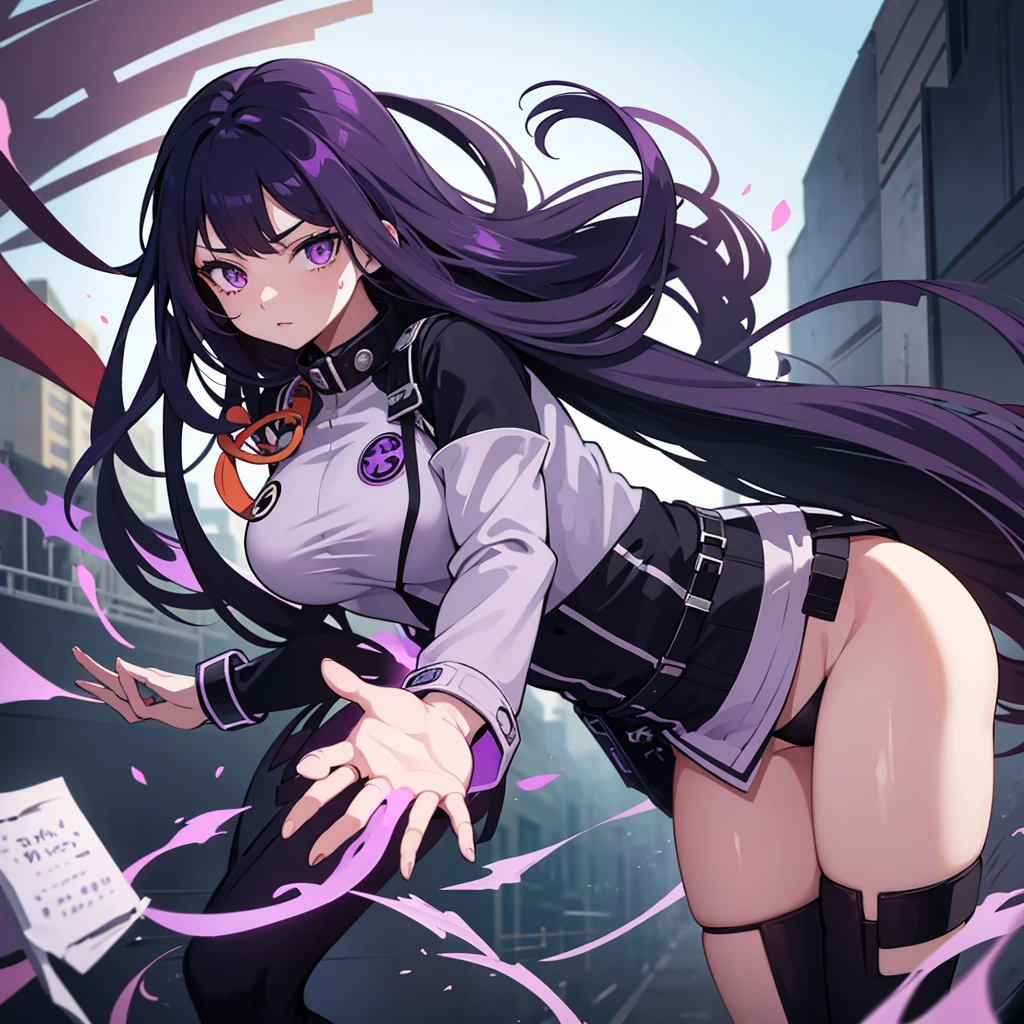 16 year old hurt girl with long black wavy hair and purple eyes with manipulation powers in UA Boku No Hero Academia