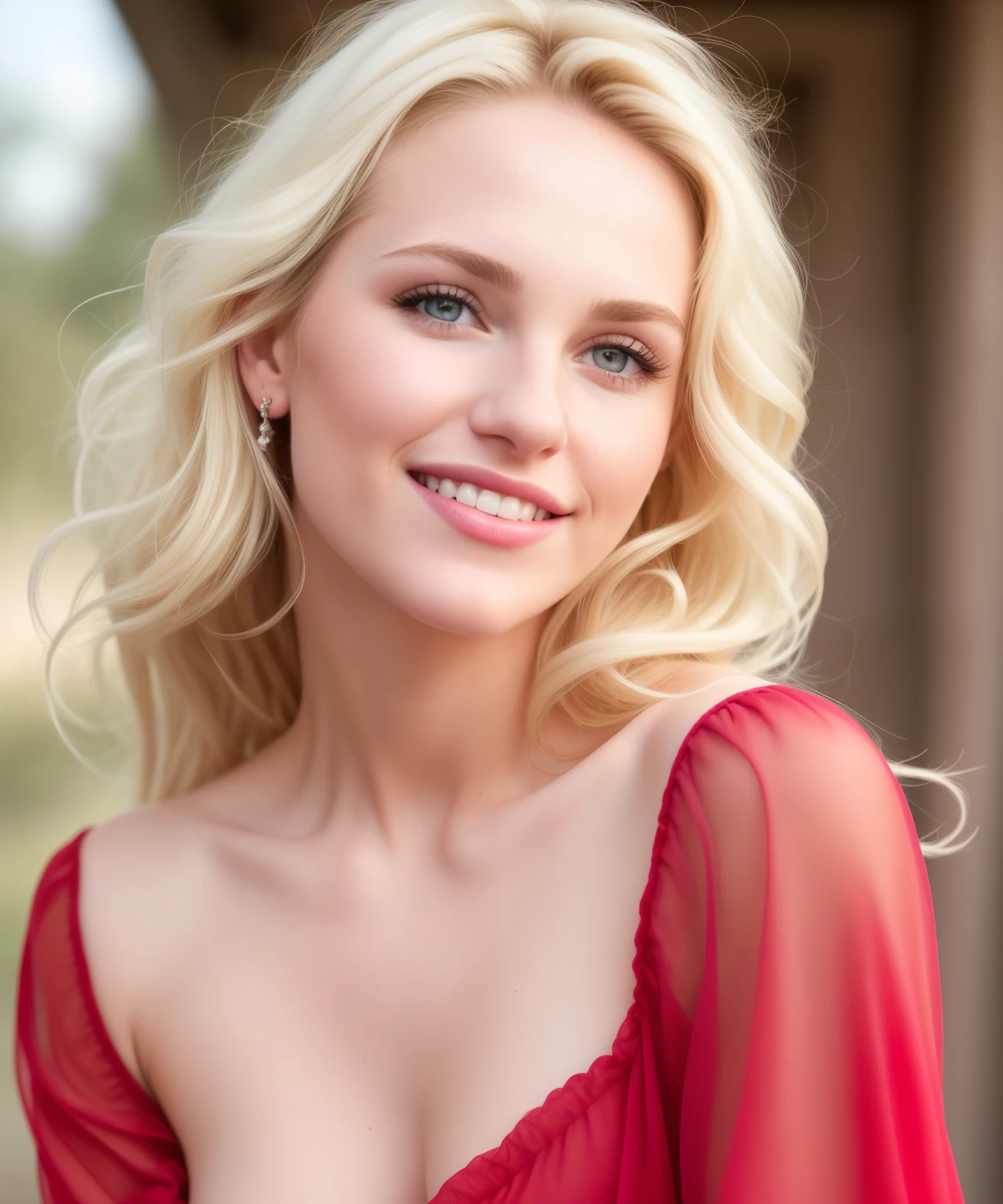 fashion model 25 years old, [[[[closeup]]]], [[[[chest]]]], [[[[neck]]]], [[[[shoulders]]]], perfect eyes, perfect iris, perfect lips, perfect teeth, perfect skin, soft front light, glow, HDR, (muted colors:1.2) blond, cute smile." big , light red dress, sitting in a cabriolet