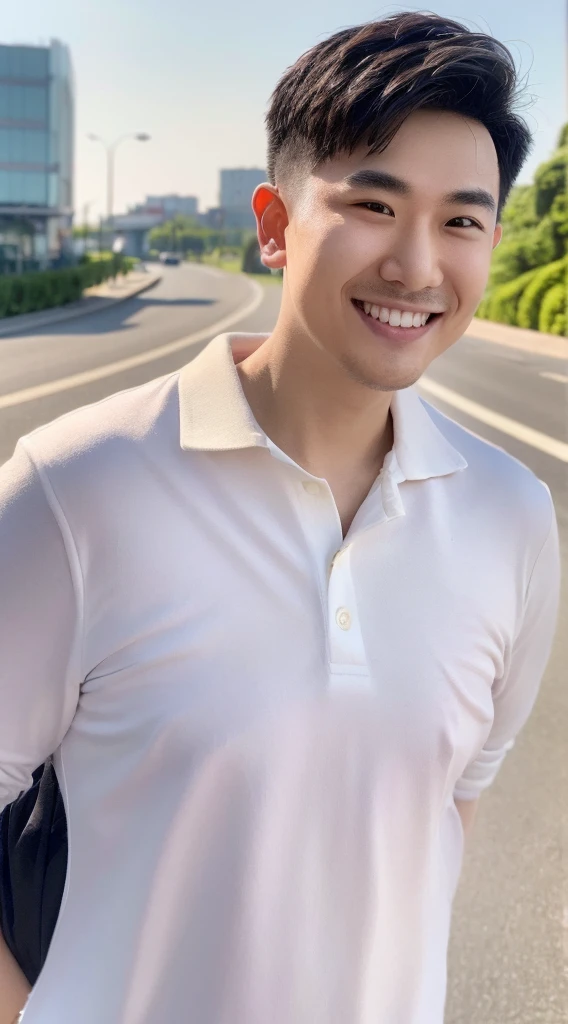 Masterpiece, best quality best, 1 young man, Asian man, East Asian people, one person, Posing obscenely, short hair details,smile, white teeth, jacket set, road background, Realistic style,photography,Can be seen from the front, see viewers