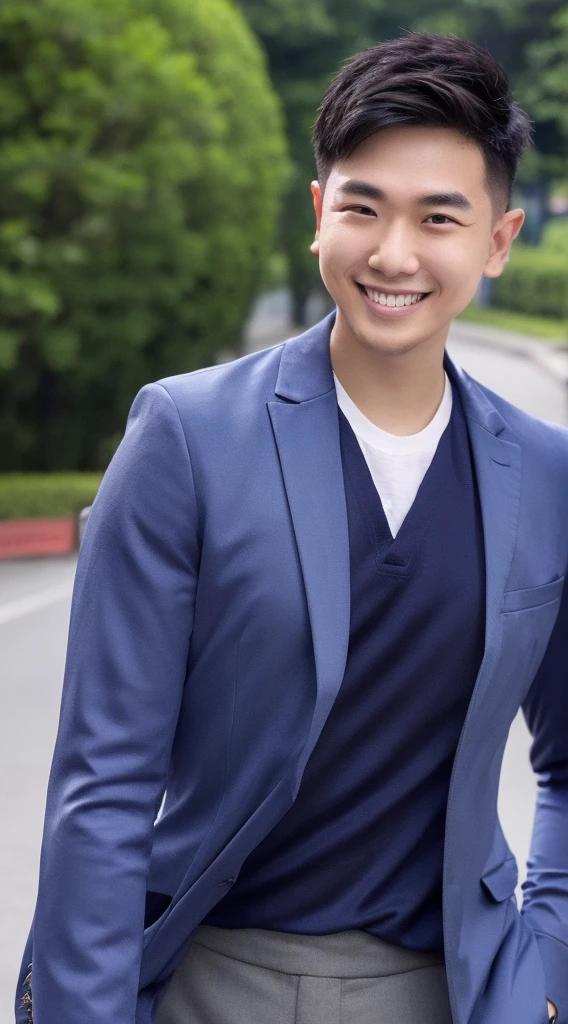 Masterpiece, best quality best, 1 young man, Asian man, East Asian people, one person, Posing obscenely, short hair details，smile, white teeth, jacket set, road background, Realistic style，photography，Can be seen from the front, see viewers