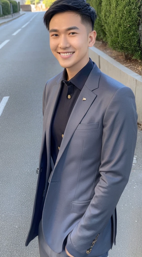 Masterpiece, best quality best, ung man, Asian man, East Asian people, one person, Posing obscenely, short hair details,smile, white teeth, jacket set, road background, Realistic style,photography,Can be seen from the front, see viewers