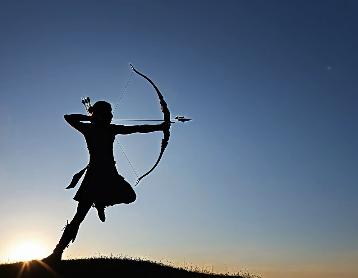 An elegant archer soars into a radiant sky, a single bow drawn by hand,  the arrow stretched towards the setting sun, an arrow has just been released,  Side view , pose dynamique , bouche ouverte elle hurle sa rage de vaincre , archeress , levitating 