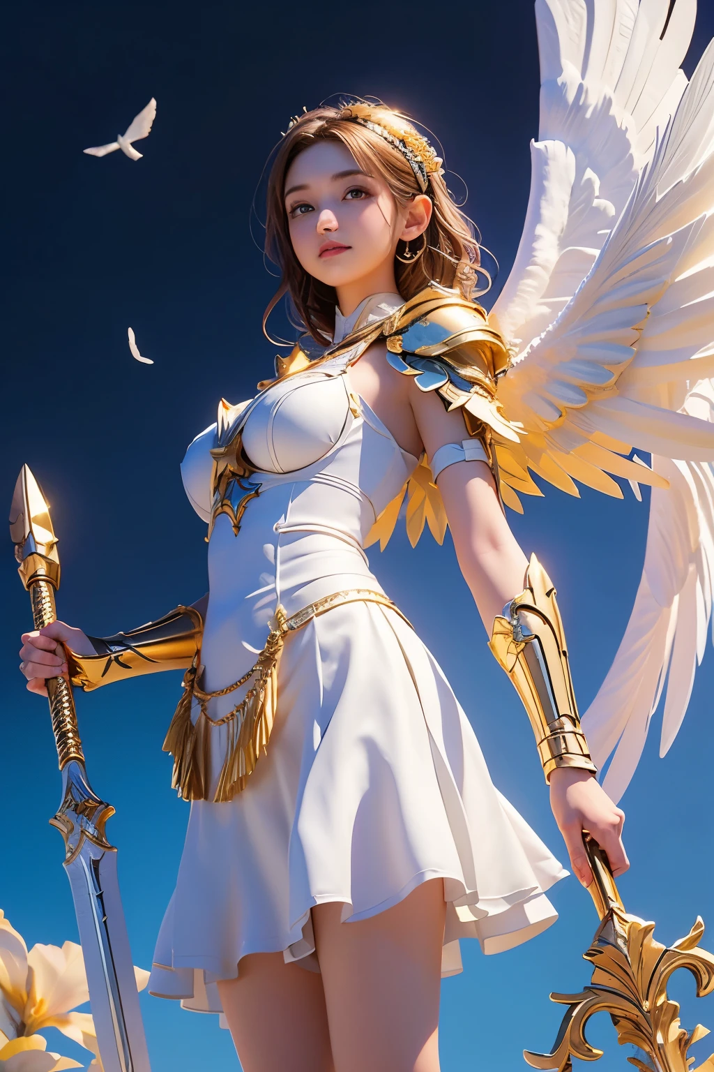 8K, masterpiece, ((angel of justice)),(Reflect the dizzying light on the blade), white feathers, Equipped with golden armor over a white dress,shining eyes,blue sky background, wrap skirt,