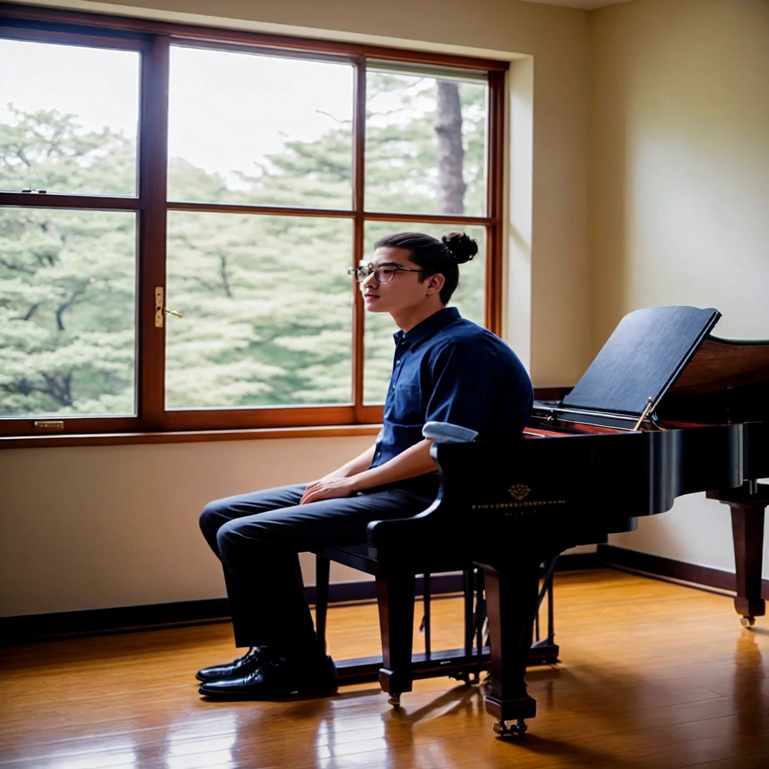Handsome teenager with a good figure, Wear big glasses, Japan East, Long hair in a bun on the head , Take pictures from a height of 45 degrees., vintage room, Realistic style, 4K, happy in sight, Very focused on piano, professional photography, good composition, Wear a loose navy blue shirt., charming, Natural light from the window, The window outside is a forest., He was playing the piano intently., White Pomeranian on the ground. Look at the piano., Artist's feelings