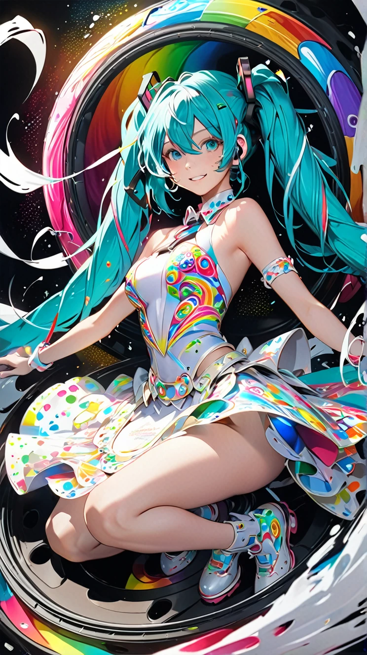 Hatsune Miku, capturing the essence of wind with liquid ink, caught in a vortex of pointillism, tracing multiple random spectrums of color, 4K concept art, extreme detail, wheels within wheels, luminous canvas, idol costume, dynamic, clear gloss focus, wheels within wheels detail to create perfect female face, gorgeous, top quality, masterpiece