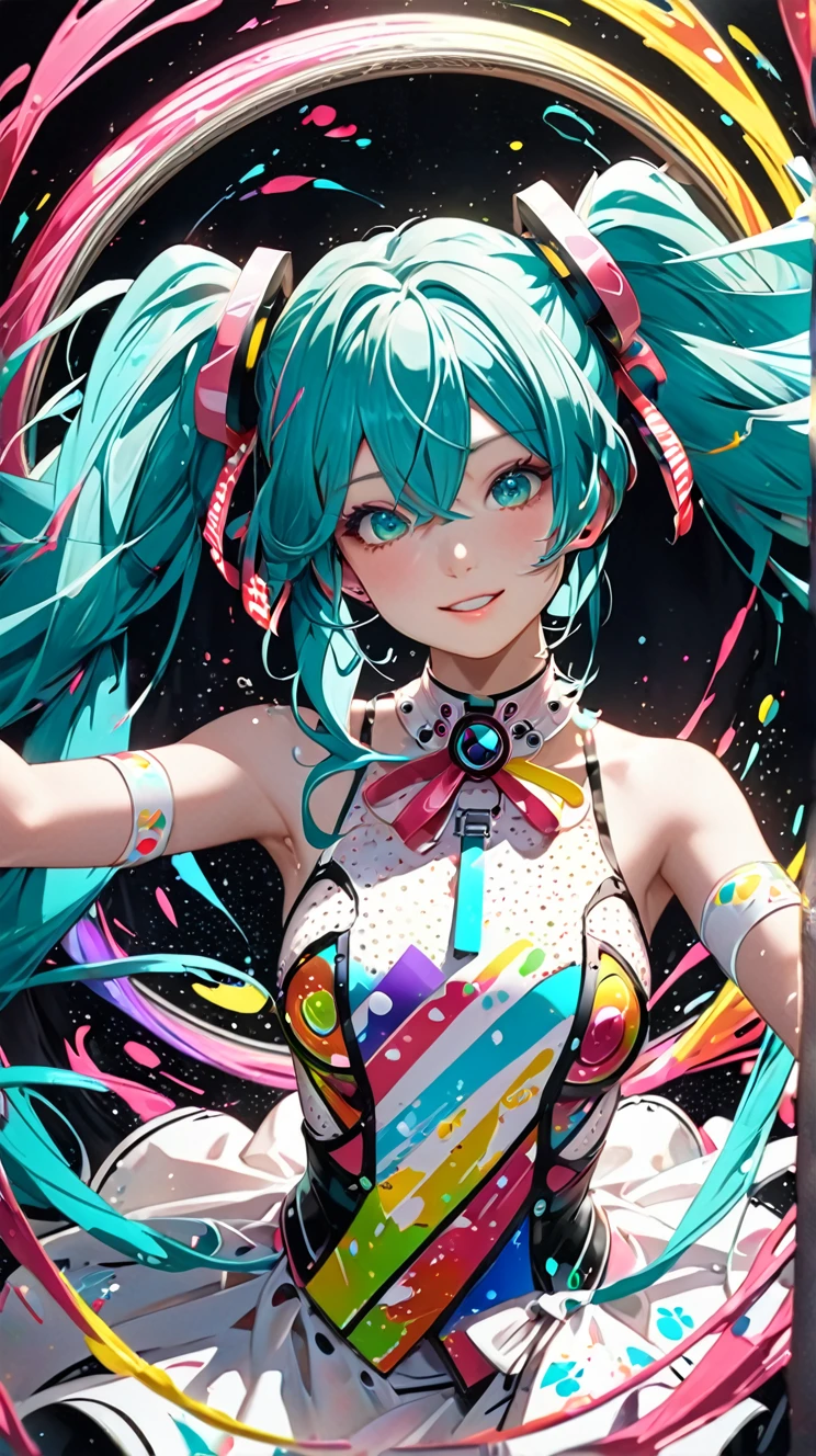 Hatsune Miku, capturing the essence of wind with liquid ink, caught in a vortex of pointillism, tracing multiple random spectrums of color, 4K concept art, extreme detail, wheels within wheels, luminous canvas, idol costume, dynamic, clear gloss focus, wheels within wheels detail to create perfect female face, gorgeous, top quality, masterpiece