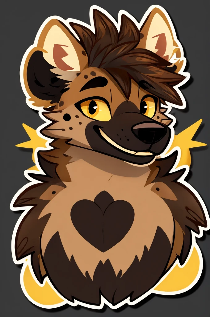 simple sticker art of a happy hyena. yellow sclera, brown hair on head
