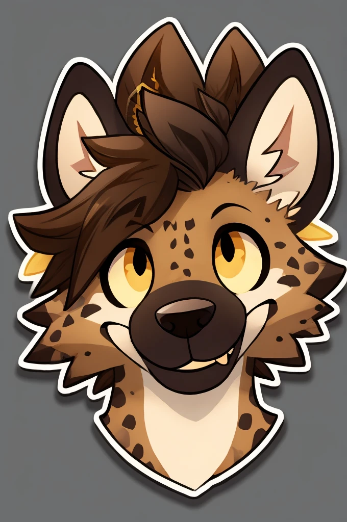 simple sticker art of a happy hyena. yellow sclera, brown hair on head