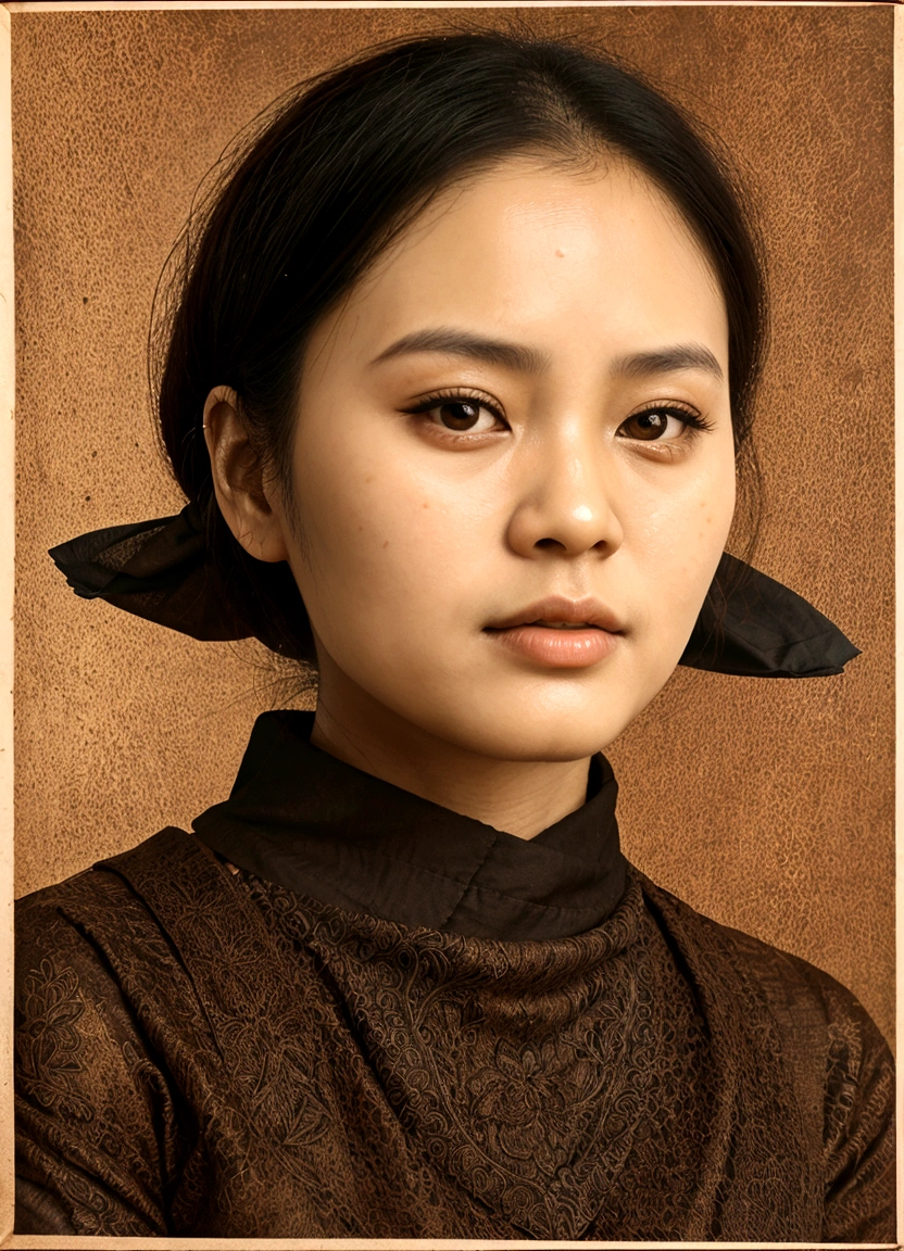 portrait of a woman with a black head scarf and a brown shirt, inspired by Ruth Jên, portrait n - 9, historic portrait, cover photo portrait of du juan, photographic portrait, phuoc quan, 3 / 4 view portrait, vietnamese woman, portrait photograph, frontal portrait of a young, restored photo, closeup portrait, portrait of monk, autochrome pearl portrait