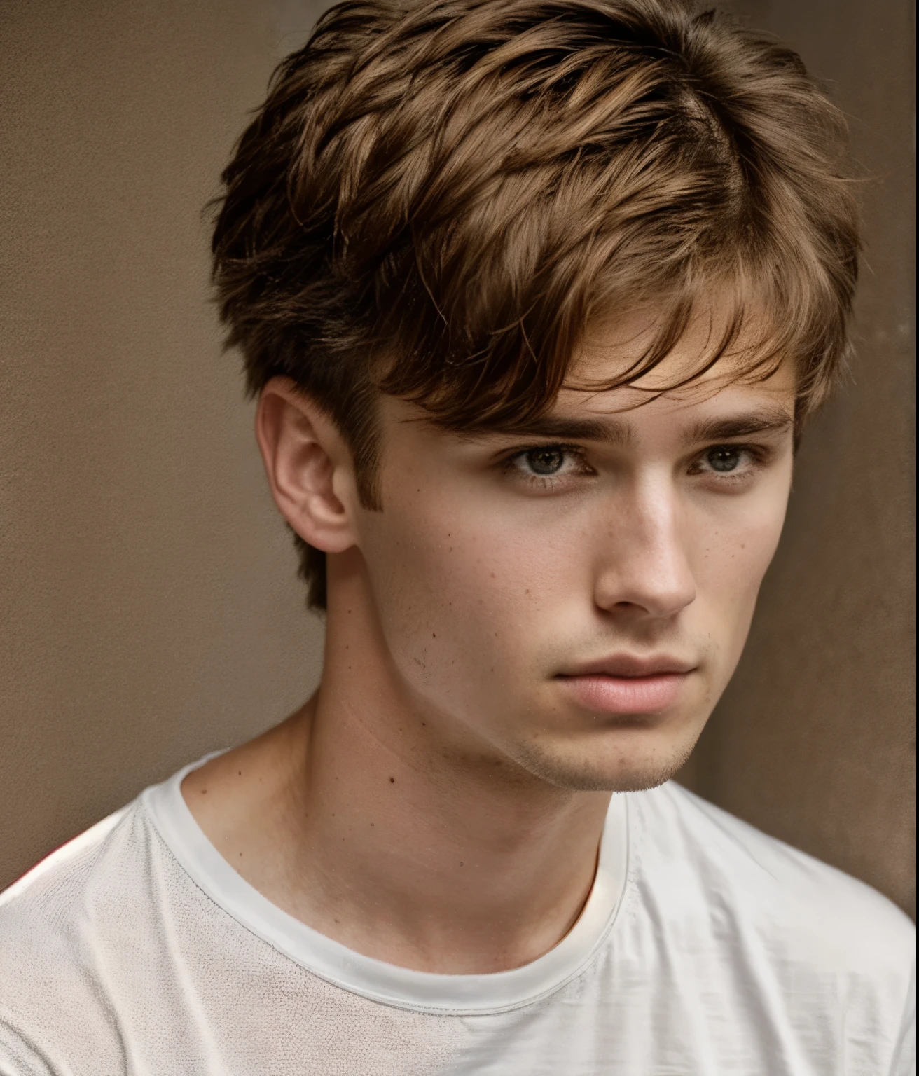 ultra-high-resolution 8K, best quality, (photo realistic:1.4), fashion model, man, 22years old, caucasian, fair skin with detailed and realistic skin texture, ((short hair, brown hair, center part hairstyle)), closed mouth, wearing white no-sleeve top, exuding the vibe of a fashion model with a neutral, serious expression, from side, (upper body), detailed hair, epiC35mm