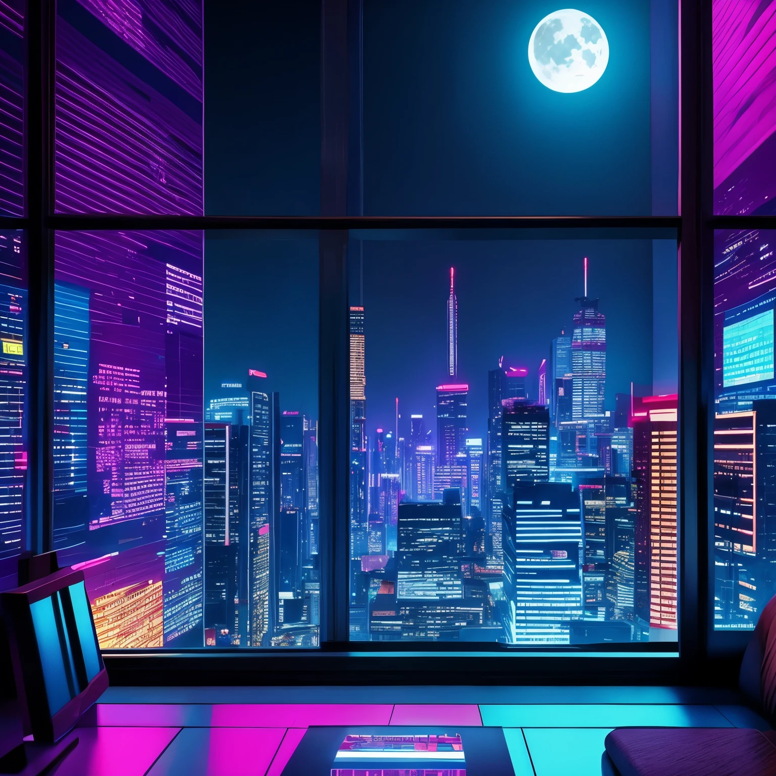 Rophie-style night view, Dark gamer room, neon, Lilac and cyan pellets, Window overlooking a cyberpunk city with the moon in the background