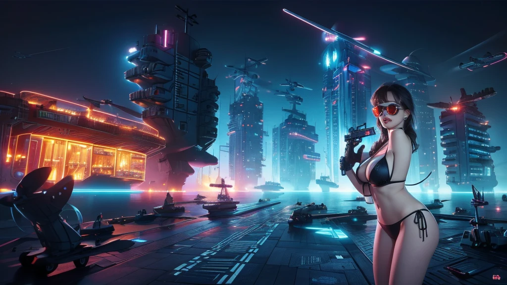 (((a large-breast bikini slim GIRL with black (micro) sunglasses))), (((((aiming at viewer with a pistol))))), a balcony of a futuristic building, aerial view of an ultra-futuristic megalopolis, metal buildings and houses in dark colors from dark blue to black, shades of metal gray, smoky metal structures, industrial environment with smoke and fog around, dark cars on the streets, desert megalopolis, modern metal rails and trains passing through, tall futuristic metal buildings, ultra modern buildings, (((((futuristic aircraft carrier))))), realistic, detailed, sci-fi.