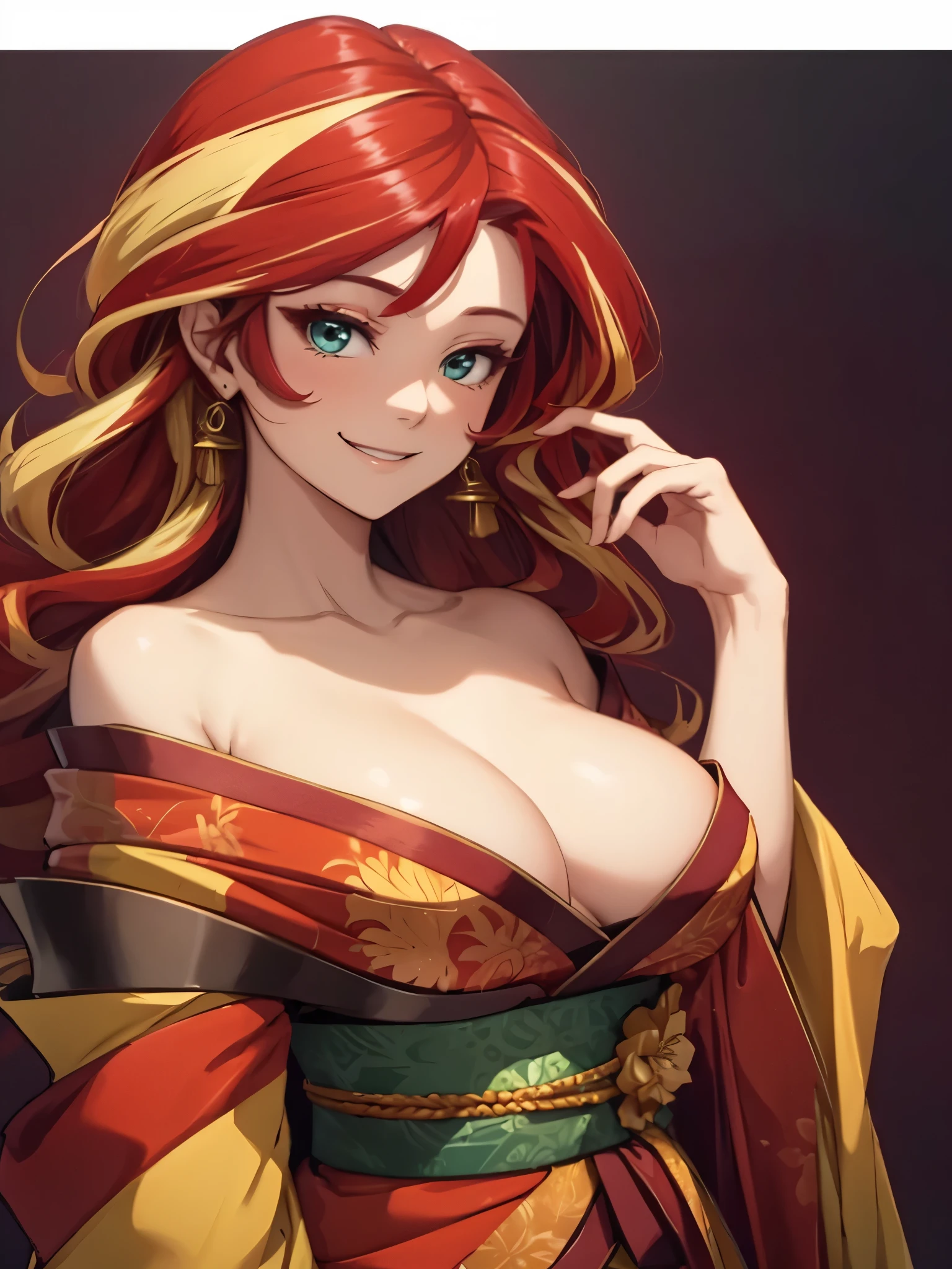 sunsethuman, female, two tones of hair, red and yellow hair, smiling, medium breasts, kimono, off shoulder