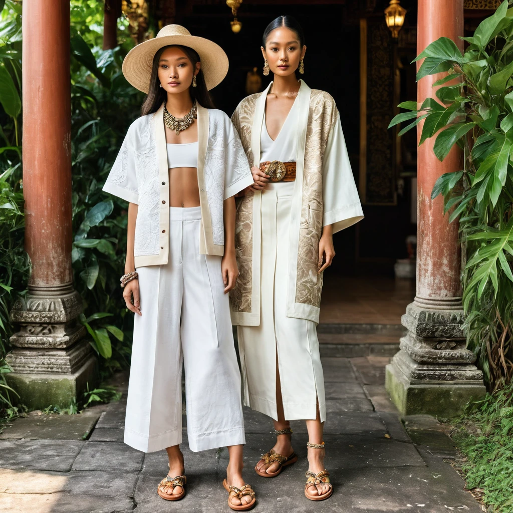 In a picturesque Chiang Mai setting, ((a young man and woman)), both aged 18-25, showcase fashion outfits inspired by local culture and nature, all in elegant white. ((The man wears an oversized short-sleeved bowling rayon shirt with subtle white patterns motifs, paired with relaxed-fit organic cotton-rayon shorts, and a beige utility Yukata jacket with embroidered details)). He completes his look with white leather-strap flip-flops, wooden-framed sunglasses, and a woven bracelet.
The woman complements him in a white rayon maxi dress, minimal detail, and a sleeveless rayon crop top underneath. Her ensemble includes an A-line rayon skirt with wooden button details and a waist tie. She accessorizes with a wide-brimmed straw hat, beaded-strap sandals, and a necklace.
Standing amidst lush greenery and traditional Thai architecture, their white outfits contrast beautifully with the vibrant surroundings, blending contemporary style with cultural motifs and natural elements, celebrating the essence of Chiang Mai. captured in a full-body pose, emphasizing his captivating presence and the intricate details of the surroundings. ((full body pose)), ((front view, dynamic angle)), 
((masterpiece)), ((best quality:1.4)), High Resolution, (ultra_realistic:1.37), (photorealistic:1.4, (NSFW)
unparalleled attention to detail, extremely hyper detailed, sharp focus, natural flesh tones, soft light, highly detailed, intricate details, dramatic composition, realism, high-quality rendering, film grain, insanely detailed, seductive, dramatic lighting, dominant, high definition, UHD, 8k
 Canon EOS R6 camera with a 50mm f/1.8 lens, f/2.2 aperture, shutter speed 1/200s. ISO100, by Thomas Synnamon, professional fashion photographer,
((Pay attention to the layer and arrangement of body parts and surrounding objects)), ((Pay attention to the body composition)), ((Correct body structure)), ((Correct photo distance)), romantic atmosphere, lively extremely Gorgeous background), 
