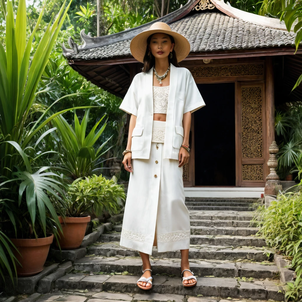 In a picturesque Chiang Mai setting, ((a young man and woman)), both aged 18-25, showcase fashion outfits inspired by local culture and nature, all in elegant white. ((The man wears an oversized short-sleeved bowling rayon shirt with subtle white patterns motifs, paired with relaxed-fit organic cotton-rayon shorts, and a beige utility Yukata jacket with embroidered details)). He completes his look with white leather-strap flip-flops, wooden-framed sunglasses, and a woven bracelet.
The woman complements him in a white rayon maxi dress, minimal detail, and a sleeveless rayon crop top underneath. Her ensemble includes an A-line rayon skirt with wooden button details and a waist tie. She accessorizes with a wide-brimmed straw hat, beaded-strap sandals, and a necklace.
Standing amidst lush greenery and traditional Thai architecture, their white outfits contrast beautifully with the vibrant surroundings, blending contemporary style with cultural motifs and natural elements, celebrating the essence of Chiang Mai. captured in a full-body pose, emphasizing his captivating presence and the intricate details of the surroundings. ((full body pose)), ((front view, dynamic angle)), 
((masterpiece)), ((best quality:1.4)), High Resolution, (ultra_realistic:1.37), (photorealistic:1.4, (NSFW)
unparalleled attention to detail, extremely hyper detailed, sharp focus, natural flesh tones, soft light, highly detailed, intricate details, dramatic composition, realism, high-quality rendering, film grain, insanely detailed, seductive, dramatic lighting, dominant, high definition, UHD, 8k
 Canon EOS R6 camera with a 50mm f/1.8 lens, f/2.2 aperture, shutter speed 1/200s. ISO100, by Thomas Synnamon, professional fashion photographer,
((Pay attention to the layer and arrangement of body parts and surrounding objects)), ((Pay attention to the body composition)), ((Correct body structure)), ((Correct photo distance)), romantic atmosphere, lively extremely Gorgeous background), 
