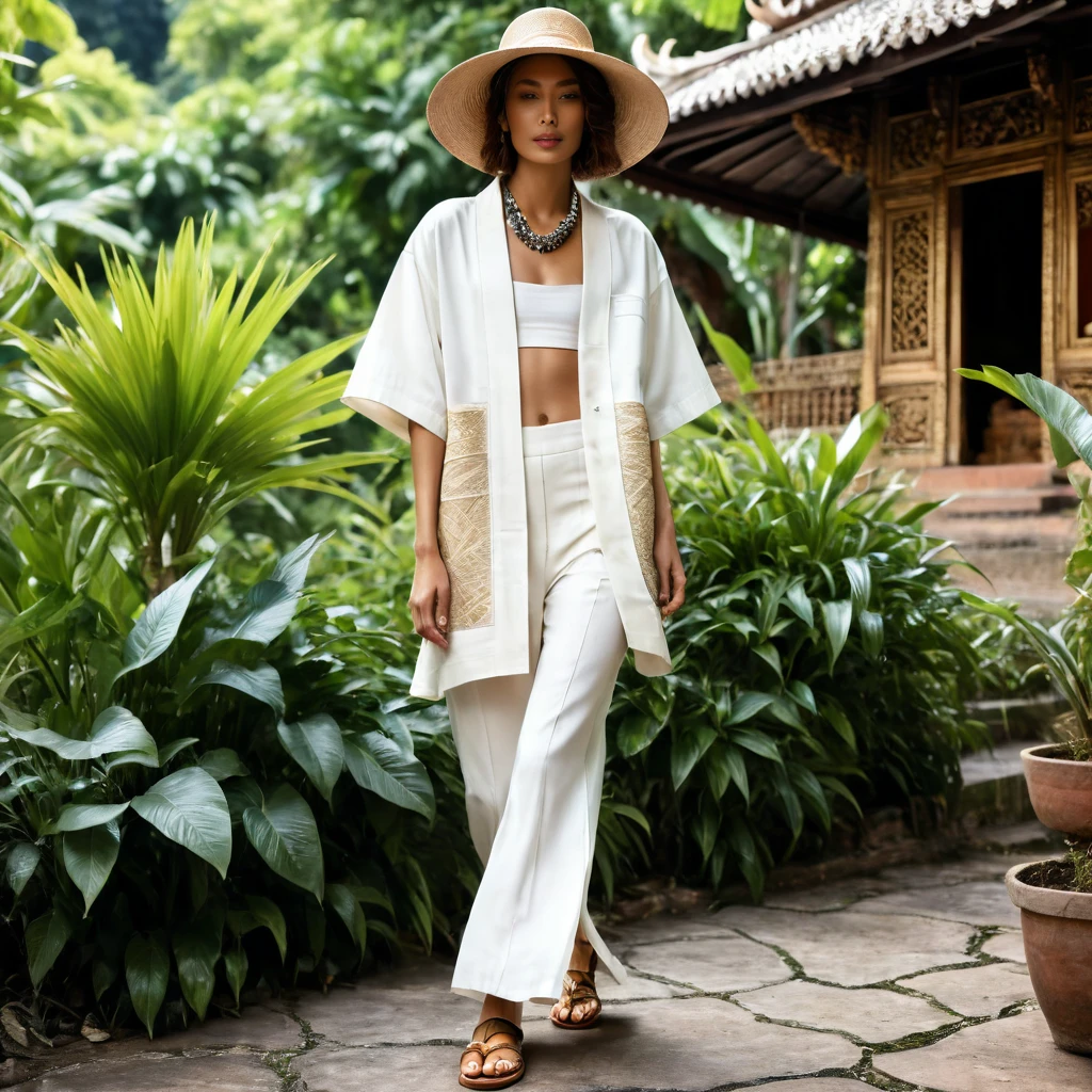 In a picturesque Chiang Mai setting, ((a young man and woman)), both aged 18-25, showcase fashion outfits inspired by local culture and nature, all in elegant white. ((The man wears an oversized short-sleeved bowling rayon shirt with subtle white patterns motifs, paired with relaxed-fit organic cotton-rayon shorts, and a beige utility Yukata jacket with embroidered details)). He completes his look with white leather-strap flip-flops, wooden-framed sunglasses, and a woven bracelet.
The woman complements him in a white rayon maxi dress, minimal detail, and a sleeveless rayon crop top underneath. Her ensemble includes an A-line rayon skirt with wooden button details and a waist tie. She accessorizes with a wide-brimmed straw hat, beaded-strap sandals, and a necklace.
Standing amidst lush greenery and traditional Thai architecture, their white outfits contrast beautifully with the vibrant surroundings, blending contemporary style with cultural motifs and natural elements, celebrating the essence of Chiang Mai. captured in a full-body pose, emphasizing his captivating presence and the intricate details of the surroundings. ((full body pose)), ((front view, dynamic angle)), 
((masterpiece)), ((best quality:1.4)), High Resolution, (ultra_realistic:1.37), (photorealistic:1.4, (NSFW)
unparalleled attention to detail, extremely hyper detailed, sharp focus, natural flesh tones, soft light, highly detailed, intricate details, dramatic composition, realism, high-quality rendering, film grain, insanely detailed, seductive, dramatic lighting, dominant, high definition, UHD, 8k
 Canon EOS R6 camera with a 50mm f/1.8 lens, f/2.2 aperture, shutter speed 1/200s. ISO100, by Thomas Synnamon, professional fashion photographer,
((Pay attention to the layer and arrangement of body parts and surrounding objects)), ((Pay attention to the body composition)), ((Correct body structure)), ((Correct photo distance)), romantic atmosphere, lively extremely Gorgeous background), 
