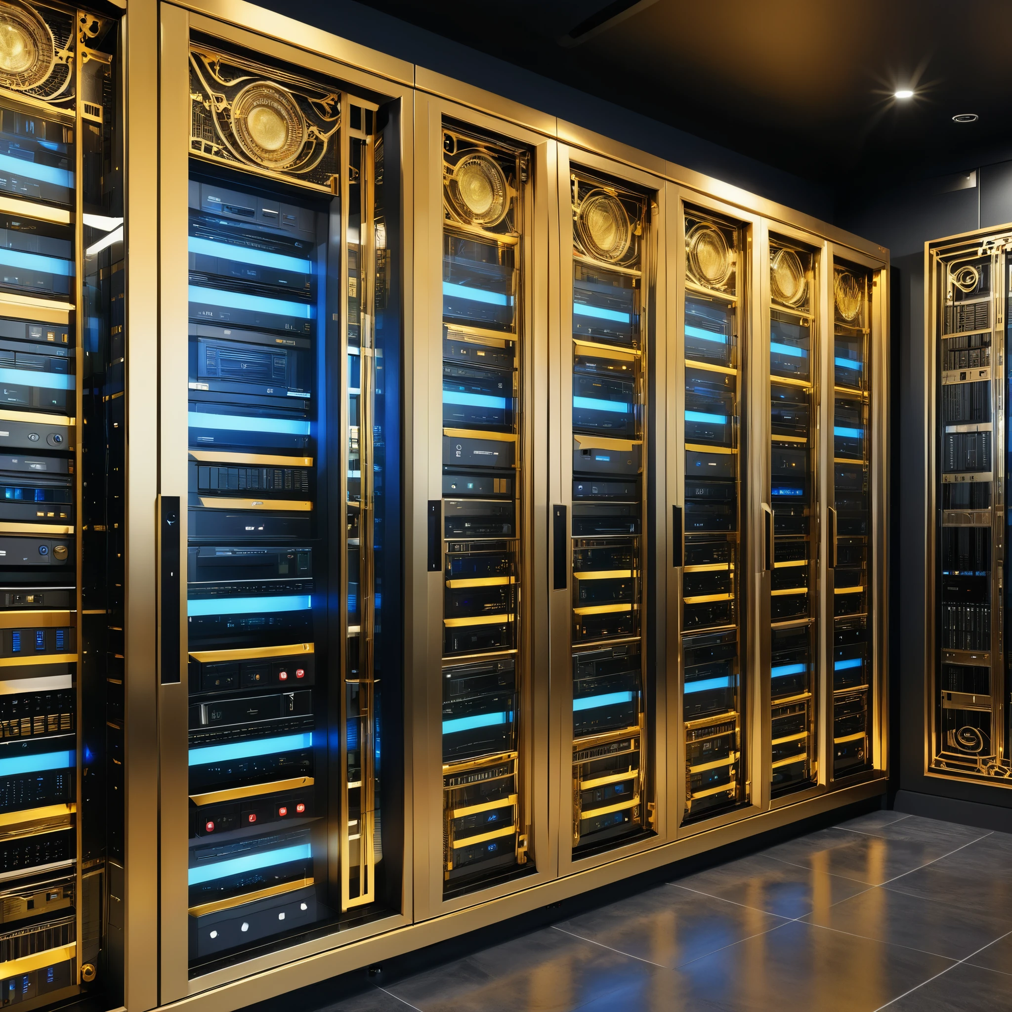 A server room professionally designed with full computer and hard drive racks, router and switches behind a glass wall. A large part of the server is dedicated to media files such as movies. The rom is Art Deco style ornate micro detailed. Primary colors are gold and silver.