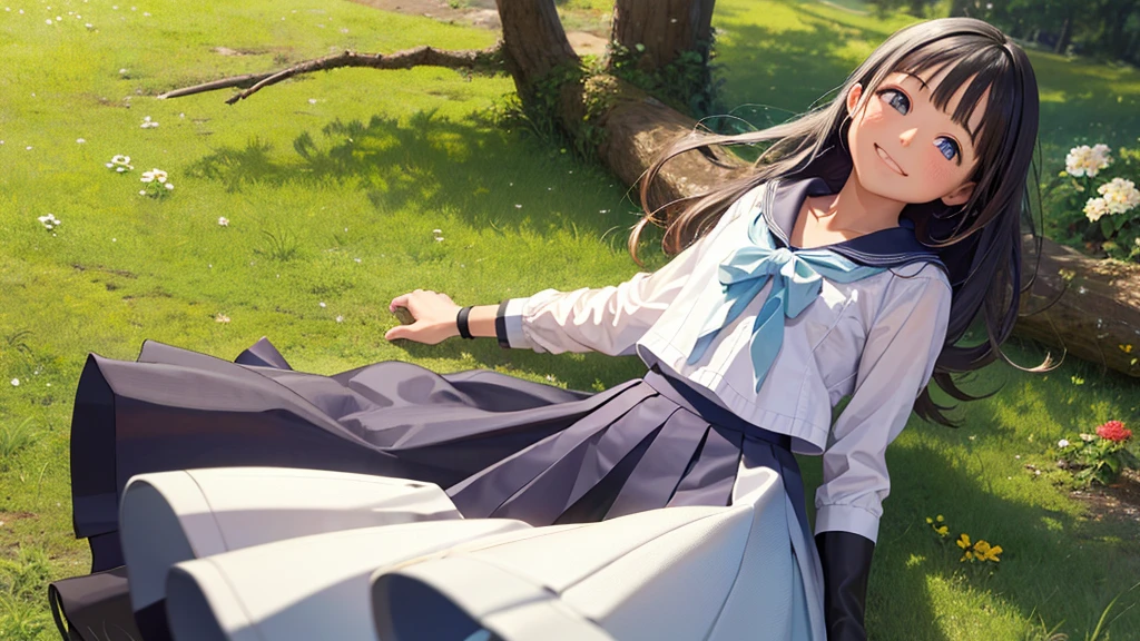 (masterpiece, Highest quality:1.2), Cowboy Shot, alone, One girl, akebi komichi, smile, Mouth closed, View your viewers, Put your arms behind your back, , Seraphim, Pleated skirt