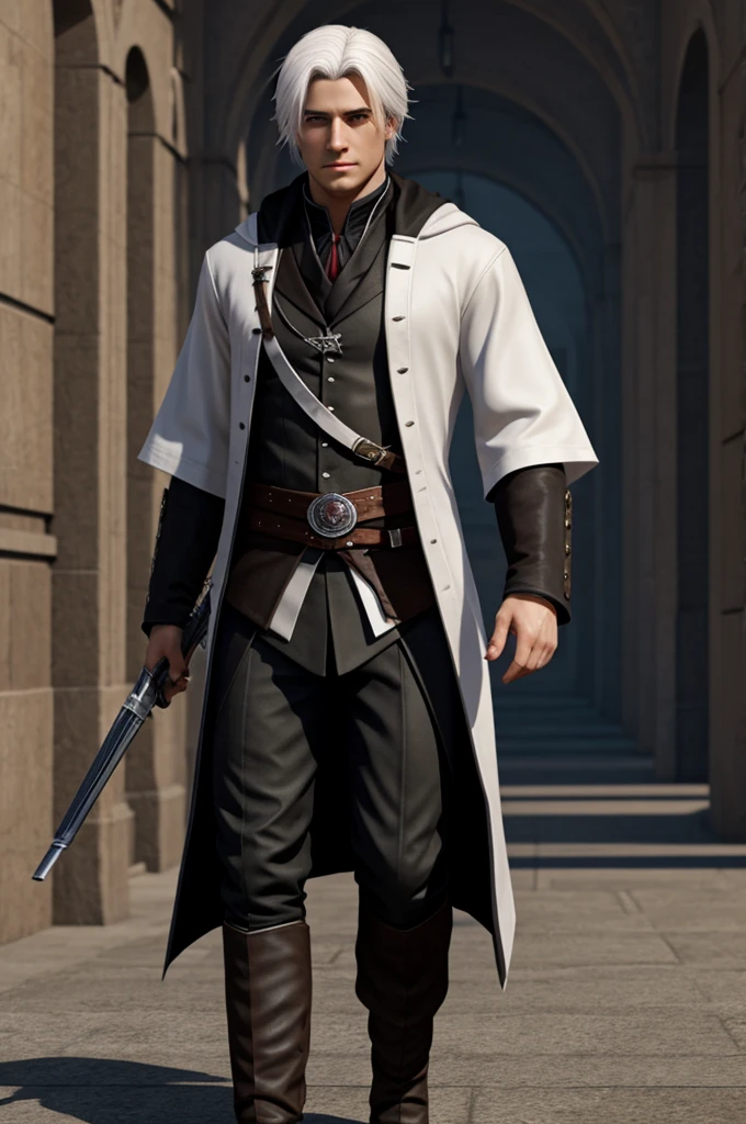 Male character model White hair with some black hair Working as an assassin pretending to be a senior student
