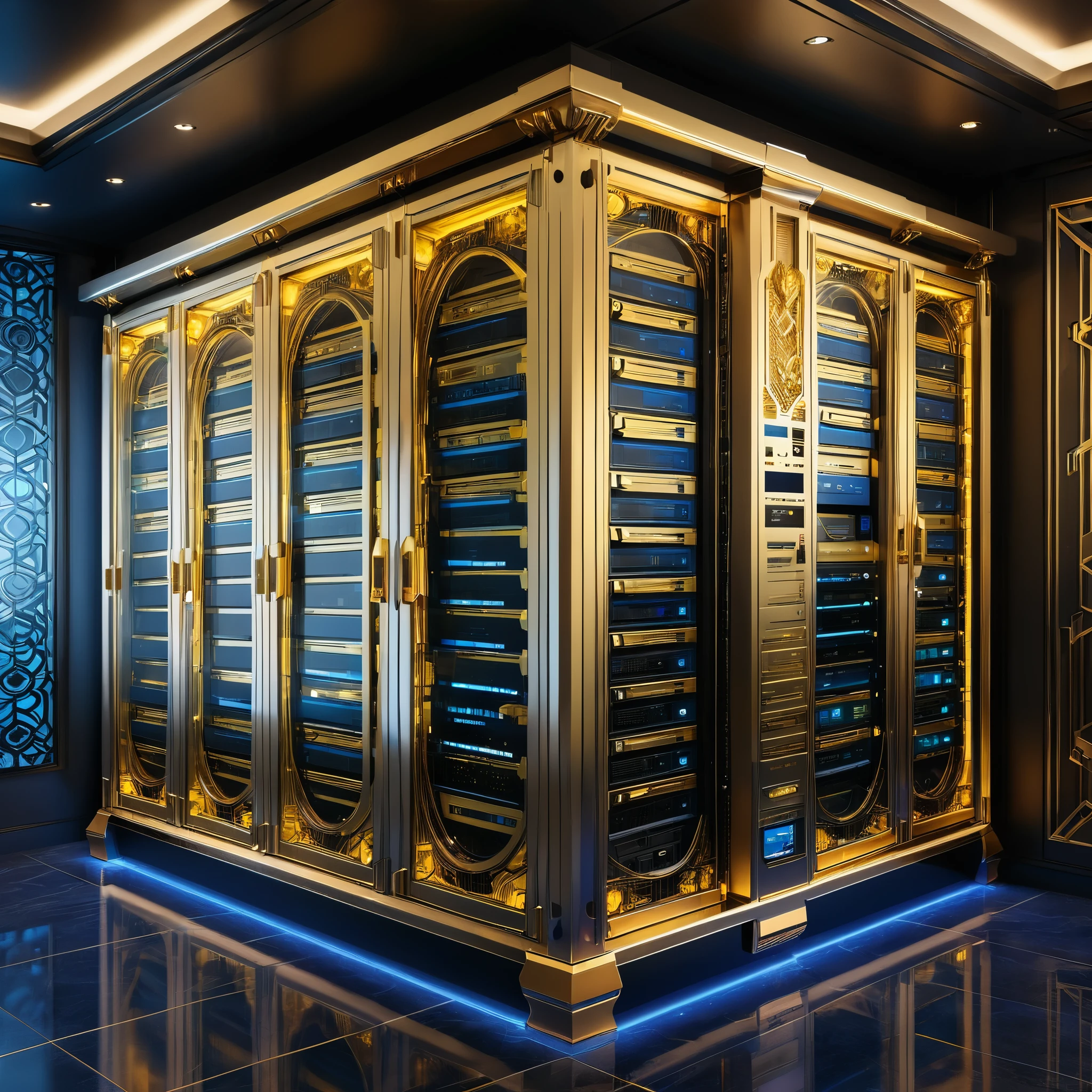 A server room professionally designed with full computer and hard drive racks, router and switches behind a glass wall. A large part of the server is dedicated to media files such as movies. The rom is Art Deco style ornate micro detailed.  Primary colors are gold and silver.
