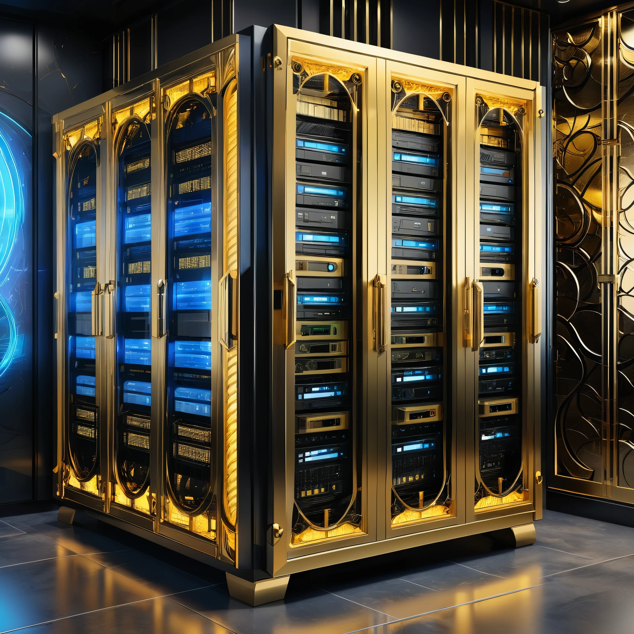 A server room professionally designed with full computer and hard drive racks, router and switches behind a glass wall. A large part of the server is dedicated to media files such as movies. The rom is Art Deco style ornate micro detailed. Primary colors are gold and silver.