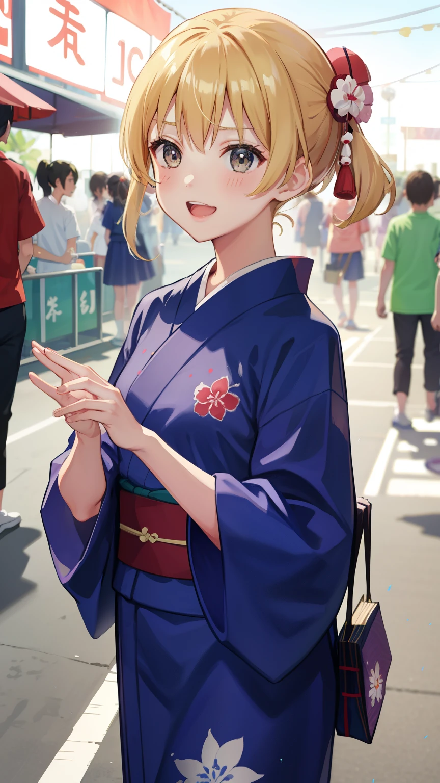 One Girl、Laughter、T-Shirts、Blonde、semi-long、Summer festival、Wearing a yukata