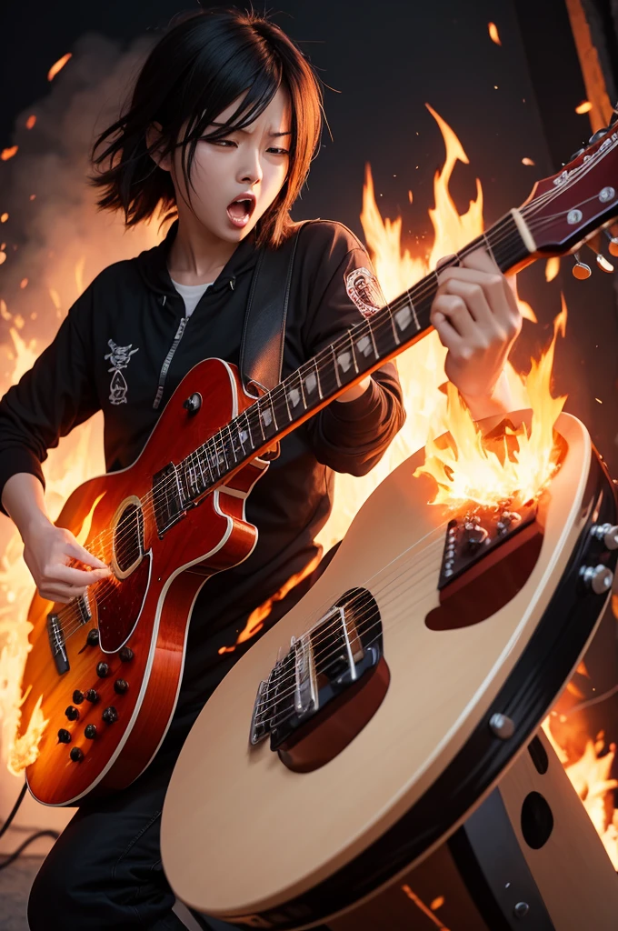 Guitar on fire aggressive anime style