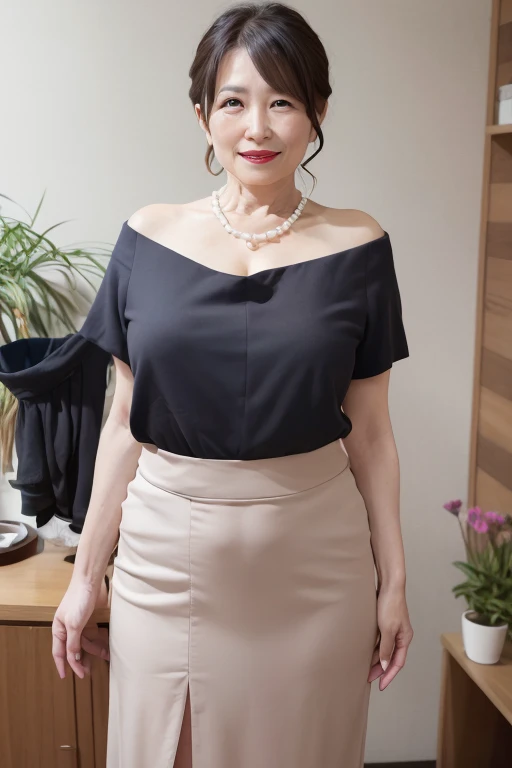 A beautiful mature 55-year-old Japanese woman, a married woman, with fine lines, long eyelashes, sparkling eyes, a low ponytail, red lipstick, elegant, a wonderful figure, a sexy shirt with an open neckline, a slit skirt, hands behind her back, a pearl necklace, photography, a sensual pose, viewer discretion advised