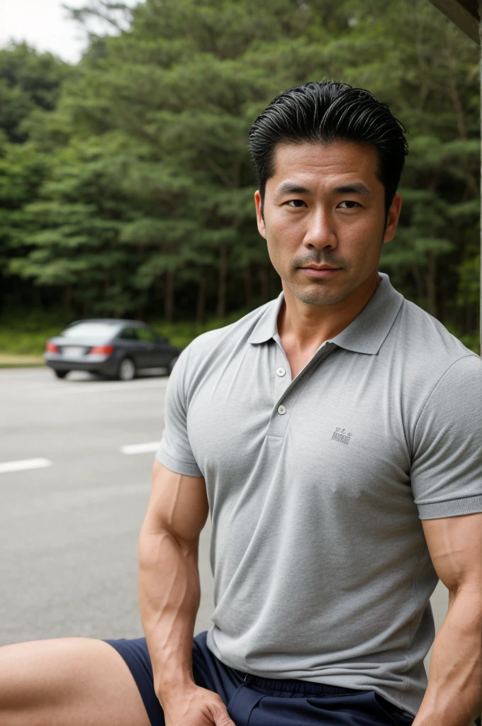 ,Japan,man,He is about 40 years old.,Rough and handsome appearance,Big muscles,large pectoral muscles,polo shirt park,Big waistline,chest hair,sitting on the roadside,Wearing the tongs,buzz cut, angry, sullen, best quality, Masterpiece,Kitchen Background,(Have muscles:4.5),(fat:1.5),(gray hair:1.5 ),(gray body hair:1.5),(skin wrinkles:1.5),(shine on the skin:1.5),