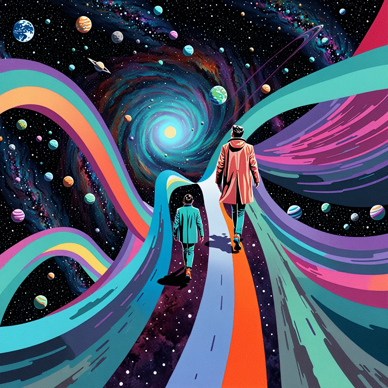 illustration of a man IN COAT walking on a path in the middle of a space, liminal space in outer space, 3d grainy aesthetic illustration, surreal space, of space travel, looking out into space, colorful flat surreal ethereal, standing in outer space, jen bartel, surreal illustration, sci-fi illustration, sci - fi illustration, surreal flat colors