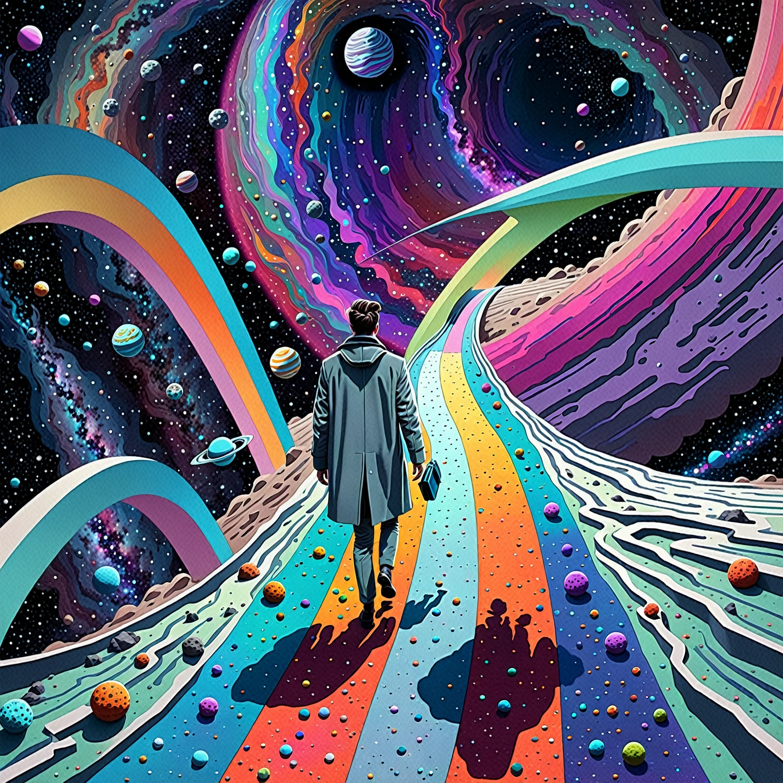 illustration of a man IN COAT walking on a path in the middle of a space, liminal space in outer space, 3d grainy aesthetic illustration, surreal space, of space travel, looking out into space, colorful flat surreal ethereal, standing in outer space, jen bartel, surreal illustration, sci-fi illustration, sci - fi illustration, surreal flat colors