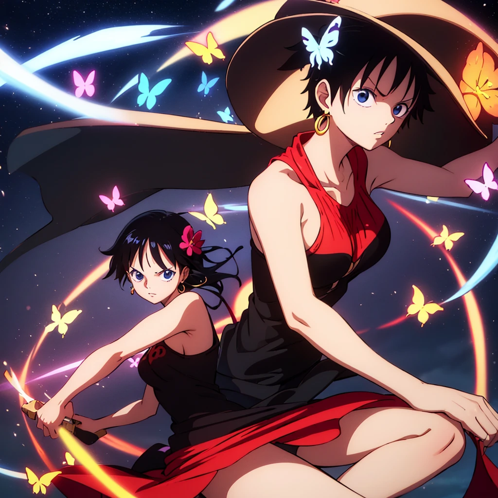 1girl, (monkey d luffy), female, gender-bend, stawhat, solo, butterfly, bug, jewelry, earrings, black hair, straw_hat, long_straight hair, looking_at_viewer, bare_shoulders, parted_lips, upper_body, breasts, dress, from_side, shirt, bangs, black_ribbon, flower, blue_eyes, eyelashes, night, upper body, (black eyes) (perfect body shape) (front view)