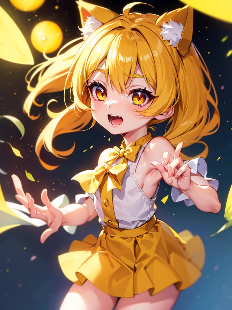 1baby loli anime girl, nekomimi, portrait, loli anime girl with short yellow hair wearing maid outfit, yellow hair, (green emelard eyes), close up face, detailed eyes, detailed hair, emotional lovely happy expression, crystal glowing eyes, cinematic lighting, extremely detailed body, face, clothes, (best quality,4k,8k,highres,masterpiece:1.2),ultra HD, masterpiece, very very anime style, bokeh, starry shining lighting, original characters