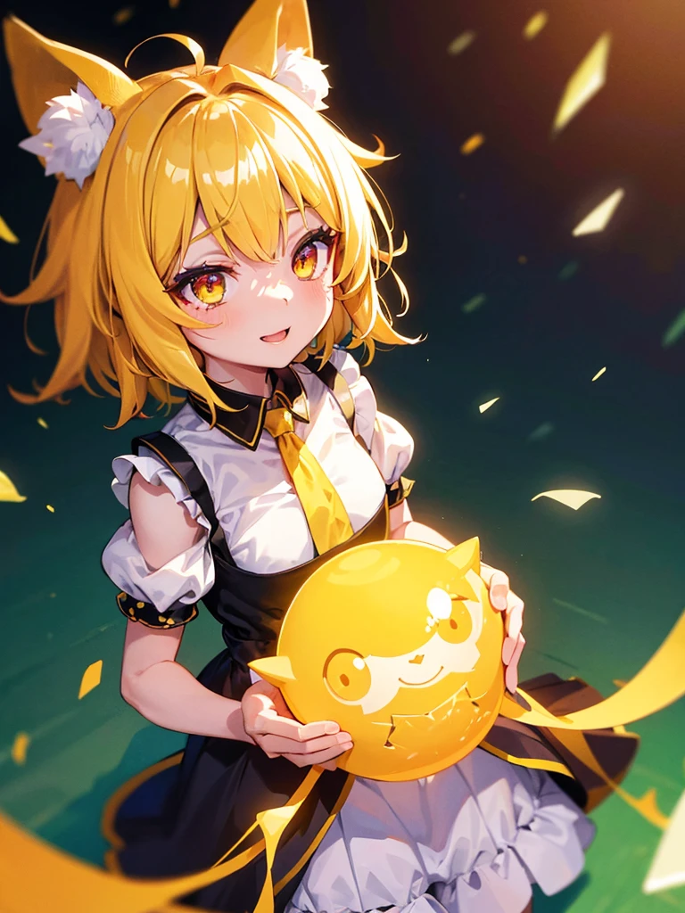 1baby loli anime girl, nekomimi, portrait, loli anime girl with short yellow hair wearing maid outfit, yellow hair, (green emelard eyes), close up face, detailed eyes, detailed hair, emotional lovely happy expression, crystal glowing eyes, cinematic lighting, extremely detailed body, face, clothes, (best quality,4k,8k,highres,masterpiece:1.2),ultra HD, masterpiece, very very anime style, bokeh, starry shining lighting, original characters