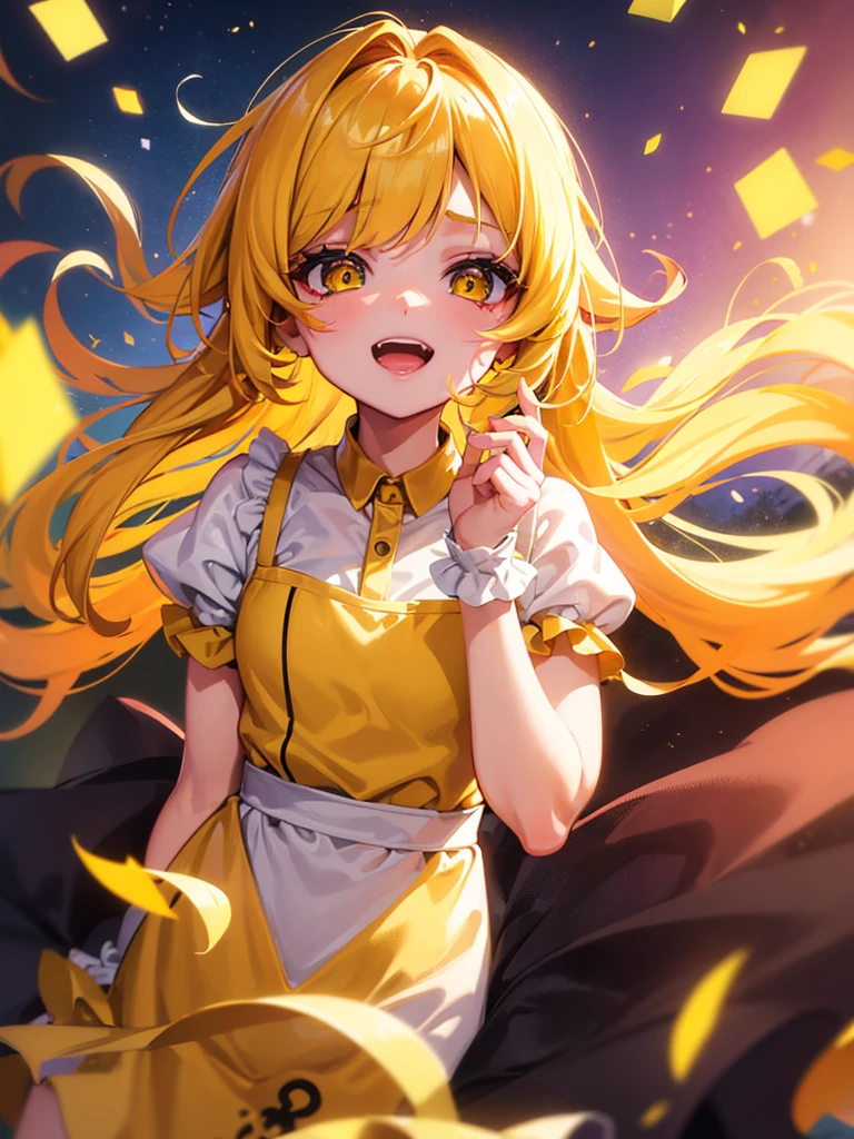 1baby loli anime girl, nekomimi, portrait, loli anime girl with short yellow hair wearing maid outfit, yellow hair, (green emelard eyes), close up face, detailed eyes, detailed hair, emotional lovely happy expression, crystal glowing eyes, cinematic lighting, extremely detailed body, face, clothes, (best quality,4k,8k,highres,masterpiece:1.2),ultra HD, masterpiece, very very anime style, bokeh, starry shining lighting, original characters